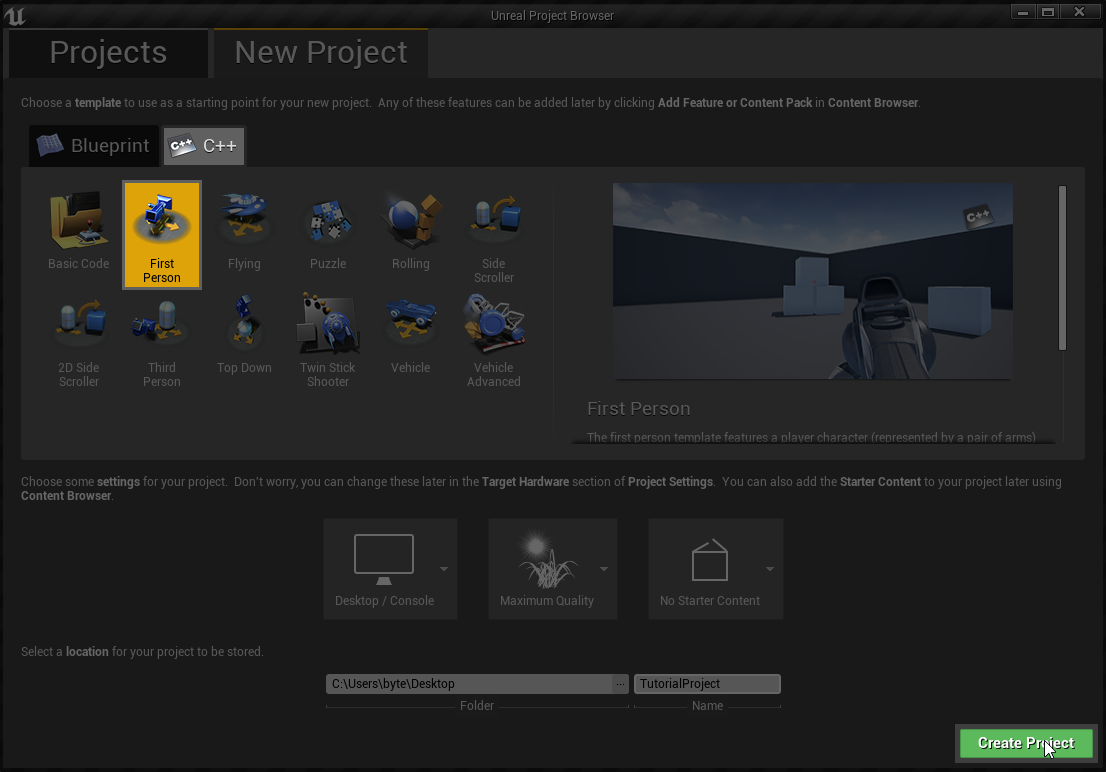 project creation window